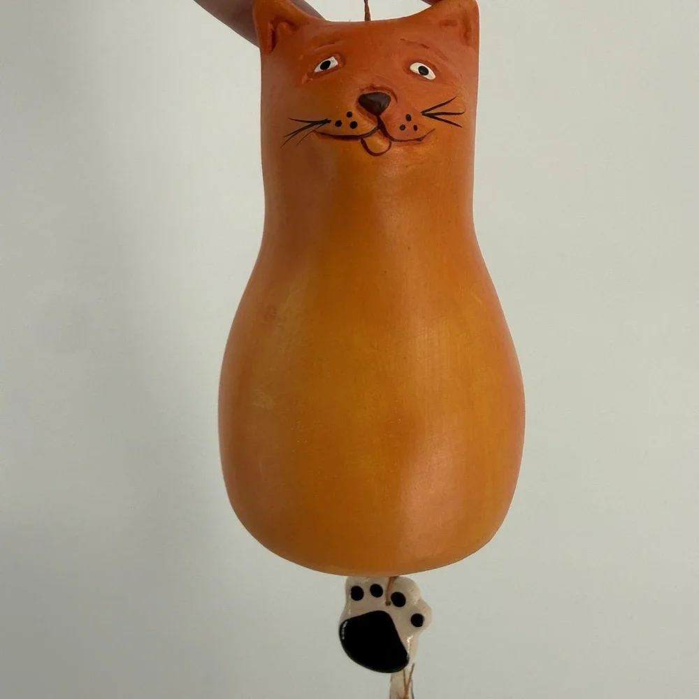 Clay Hand painted Orange Cat Figure & Paws Wind Chime Hanging Decor 2 FT‎